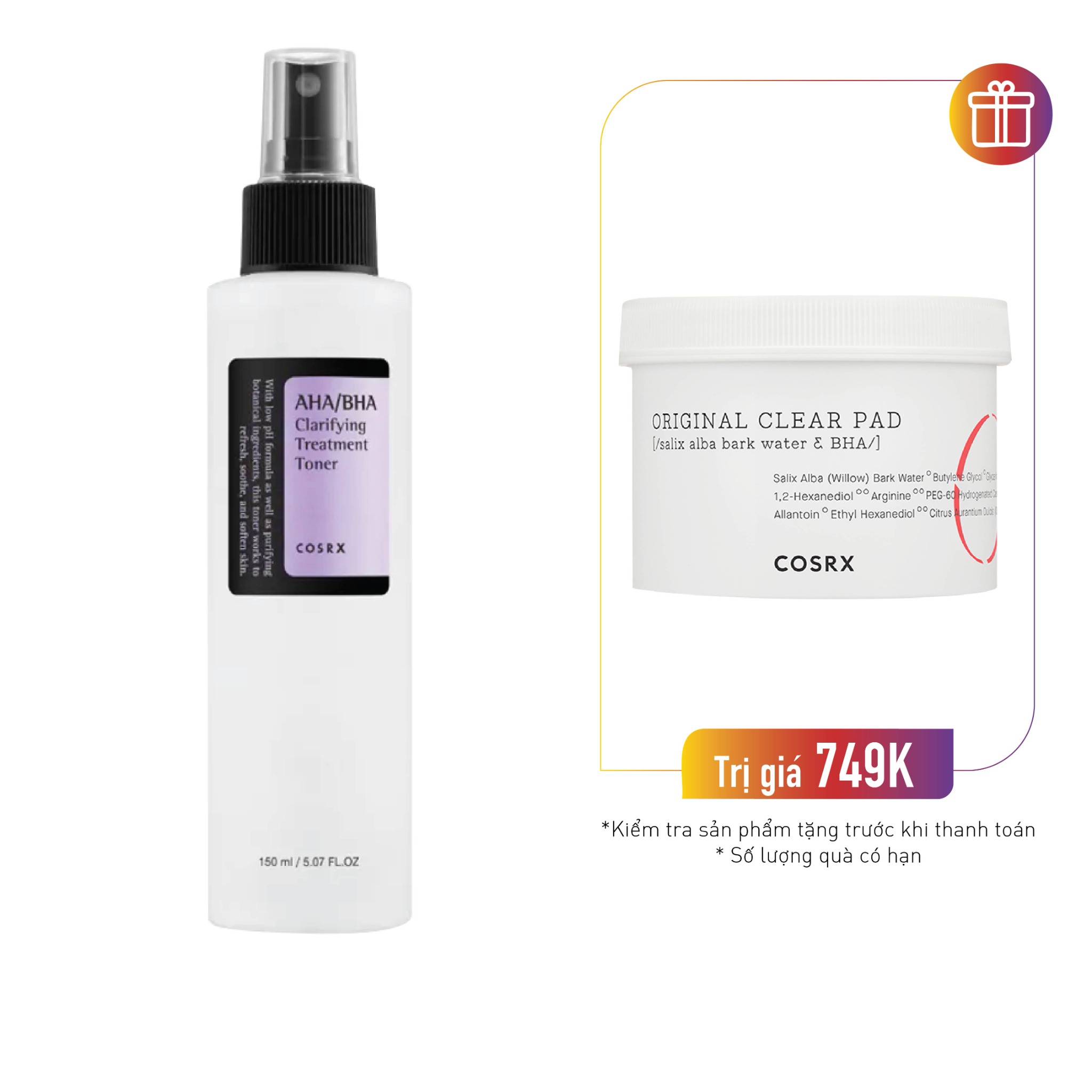 Combo Nước Cân Bằng Cosrx Aha/Bha Clarifying Treatment Toner 150Ml & Tẩy Da Chết Cosrx One Step Original Clear Pad (70 Miếng)