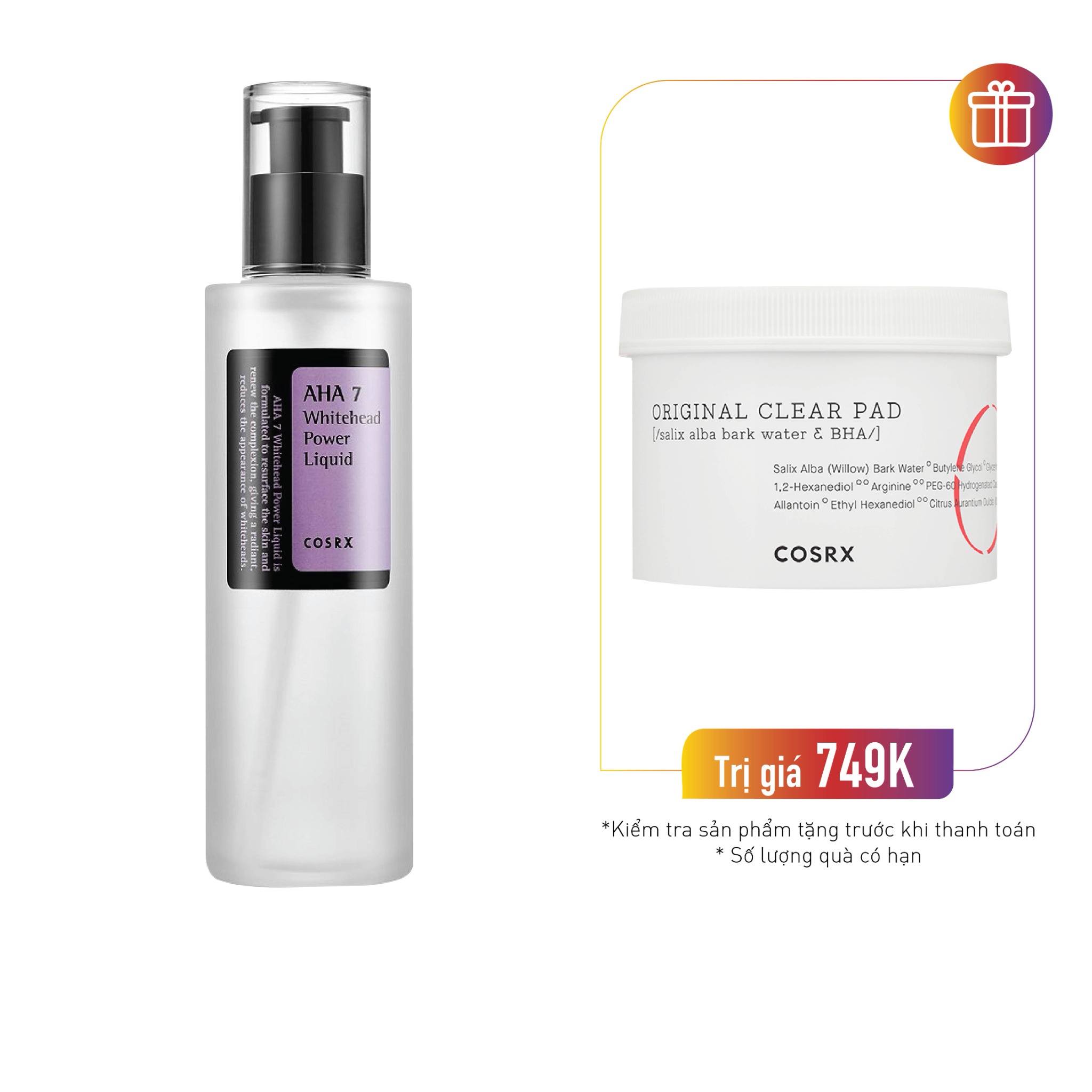 Combo Tinh Chất Dưỡng Chăm Sóc Da Mụn Cosrx Aha 7 Whitehead Power Liquid & Tẩy Da Chết Cosrx One Step Original Clear Pad (70 Miếng)
