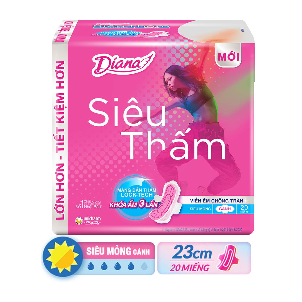 Băng Vệ Sinh Diana Siêu Thấm Khóa Ẩm Gấp 3 Siêu Mỏng Cánh 23Cm (20 Miếng)