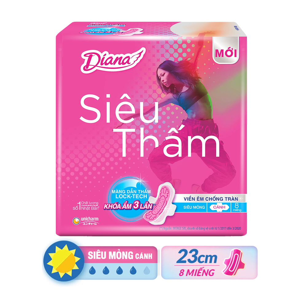 Băng Vệ Sinh Diana Siêu Thấm Khóa Ẩm Gấp 3 Siêu Mỏng Cánh 23Cm (8 Miếng)