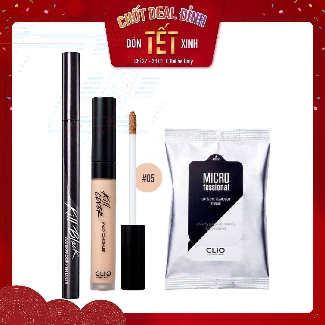 Combo Kem Che Khuyết Điểm & Bút Kẻ Viền Mắt Clio Waterproof Pen Liner Kill Black Original (3Pc)