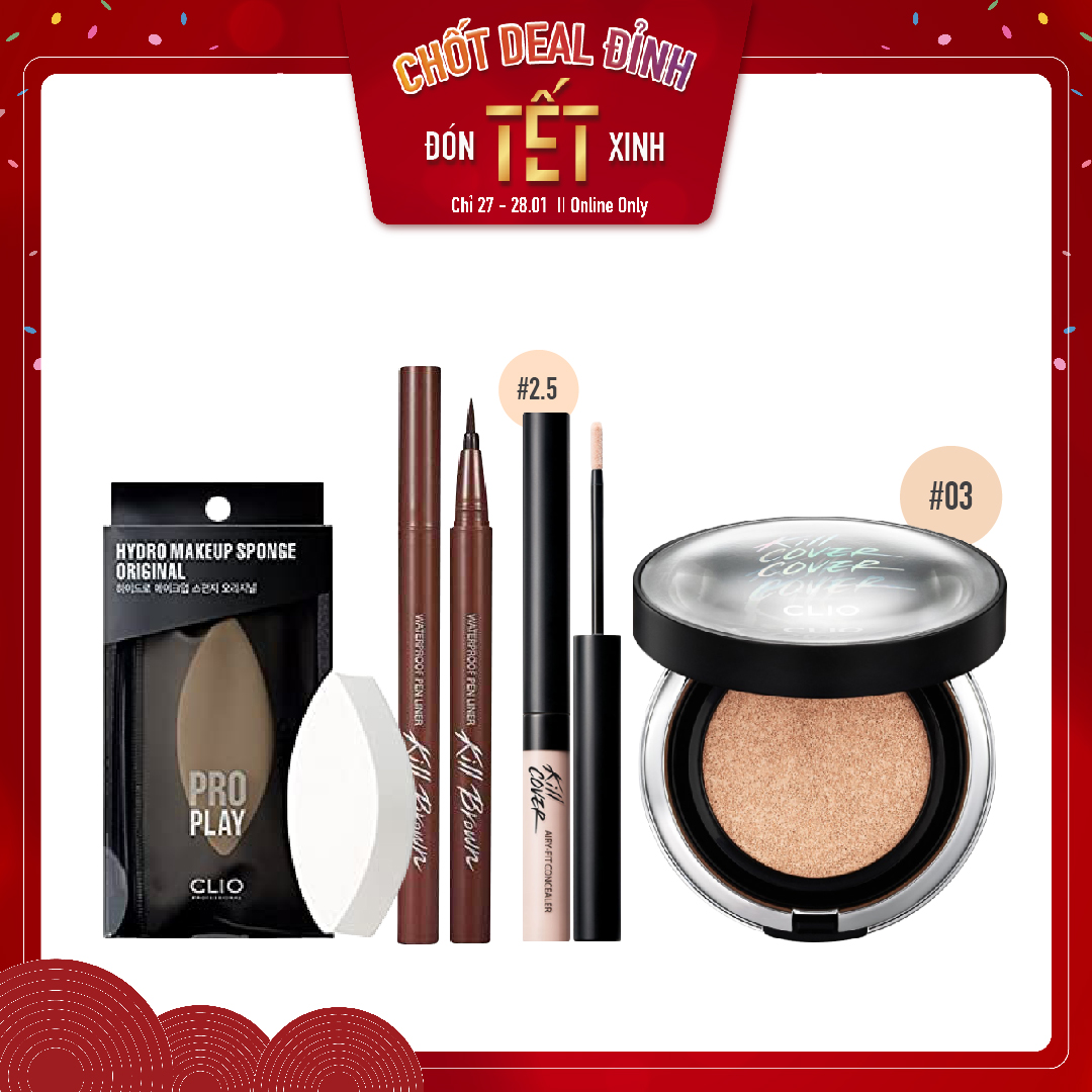 Combo Bút Kẻ Mắt & Phấn Nước Hiệu Ứng Mịn Clio Kill Cover Founwear Cushion Xp Spf50+ Pa+++ (4Pc)