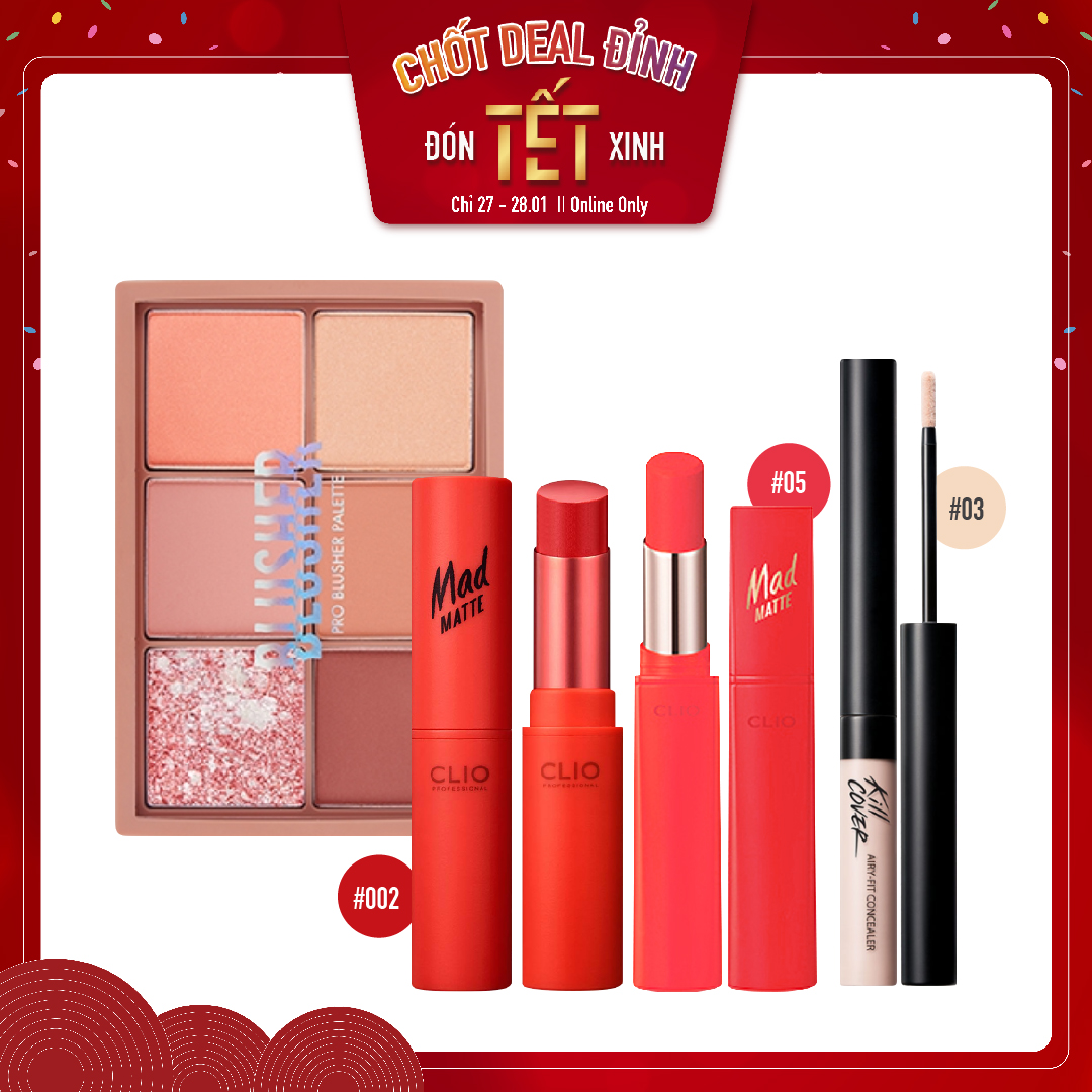 Combo Son Lì & Bảng Phấn Má Hồng Clio Pro Blusher Palette 01 Mute Petal (4Pc)