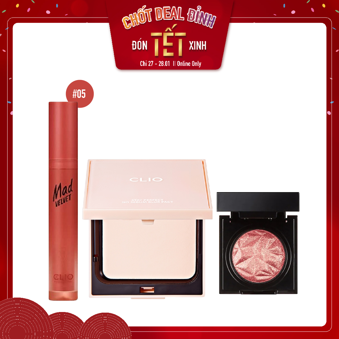 Combo Son Kem Lì & Phấn Phủ Dạng Nén Clio Stay Perfect No Sebum Blur Pact (3C)