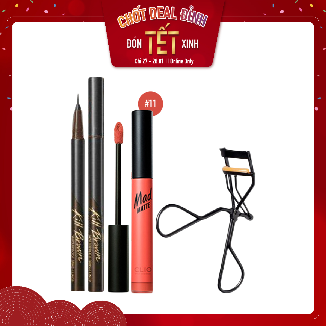 Combo Son Kem & Bút Kẻ Viền Mắt Lâu Trôi Clio Waterproof Brush Liner Kill Brown (3Pc)