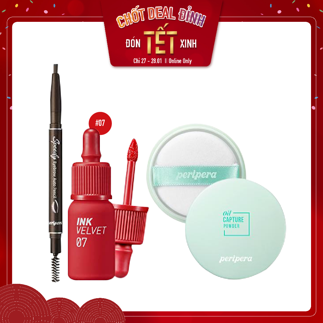 Combo Son Tint, Chì Kẻ Mày & Phấn Phủ Che Phủ Tự Nhiên Peripera Oil Capture Powder 5G