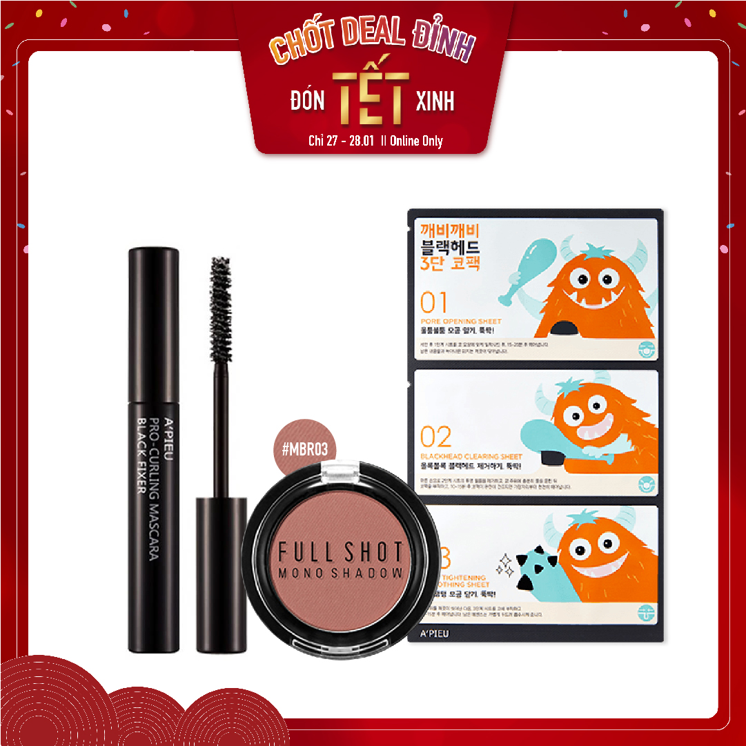 Combo Màu Mắt & Mascara Chải Mi A'pieu Pro Curling More Black Fixer