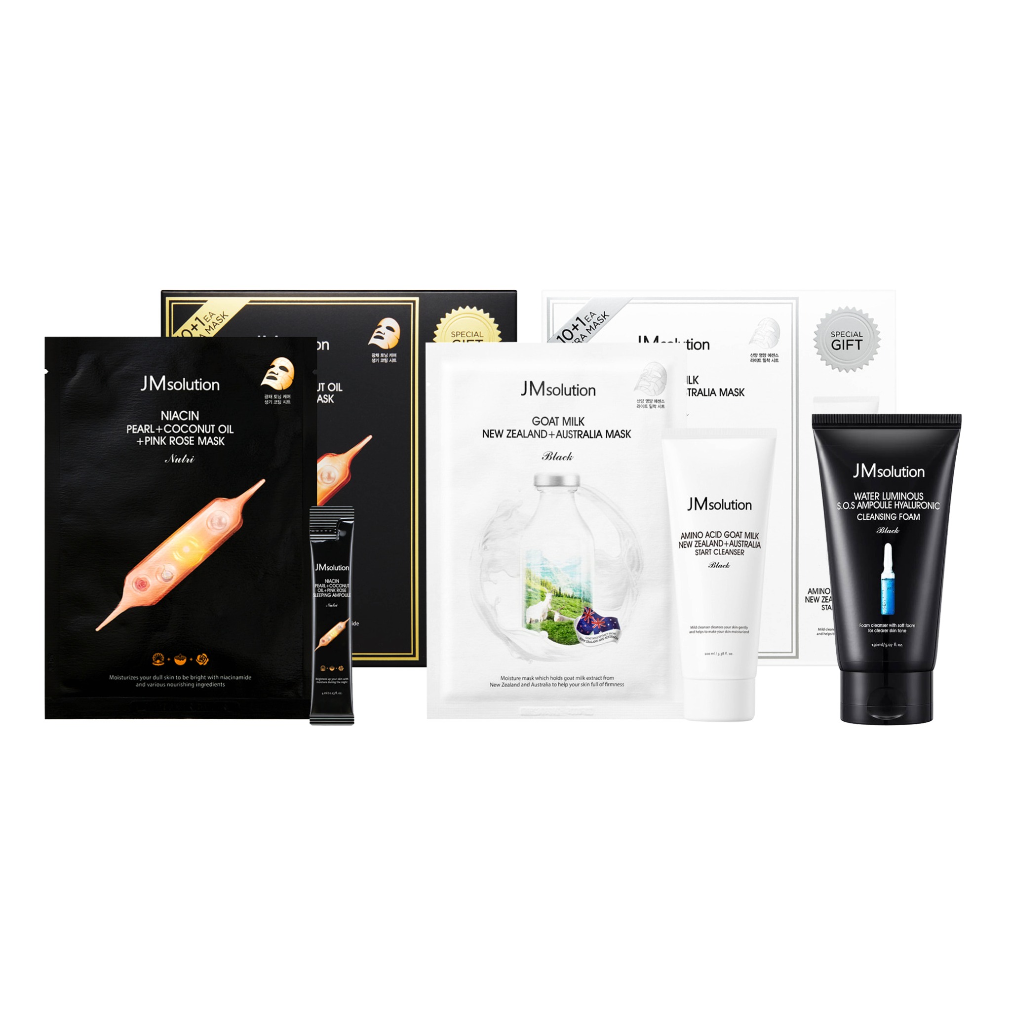 Combo 2 Bộ Sản Phẩm Mặt Nạ Jmsolution Nutri Edition Làm Sáng Da Niacin Pearl & Cấp Ẩm Goat Milk New Zealand (Tặng 1 Sữa Rửa Mặt Cấp Ẩm Tức Thì Jmsolution S.o.s Ampoule)