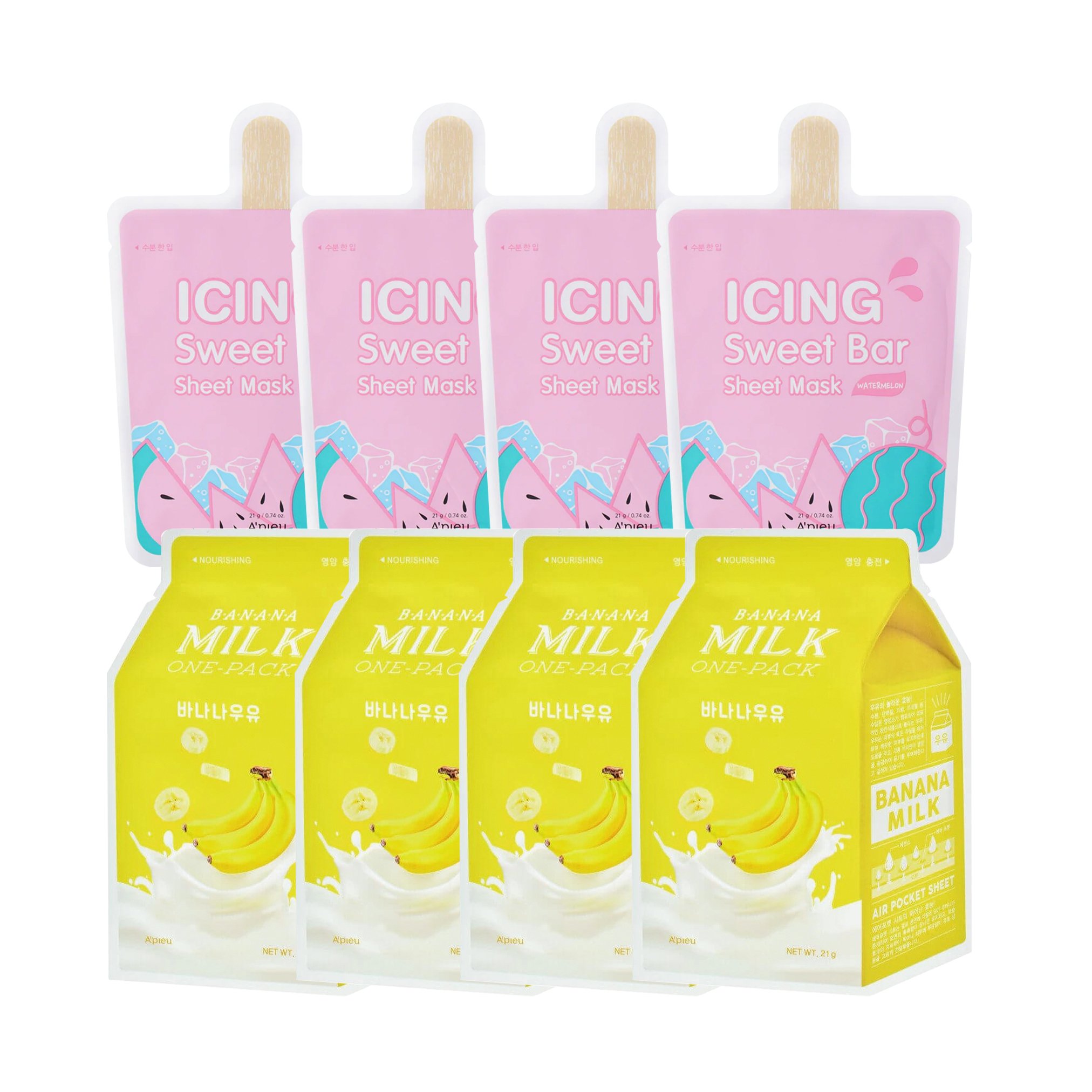 Combo 4 Mặt Nạ Giấy Nuôi Dưỡng Làn Da A'pieu Banana Milk One - Pack (Tặng 4 Mặt Nạ Giấy Cấp Nước A'pieu Icing Sweet Bar Sheet Mask (Watermelon))