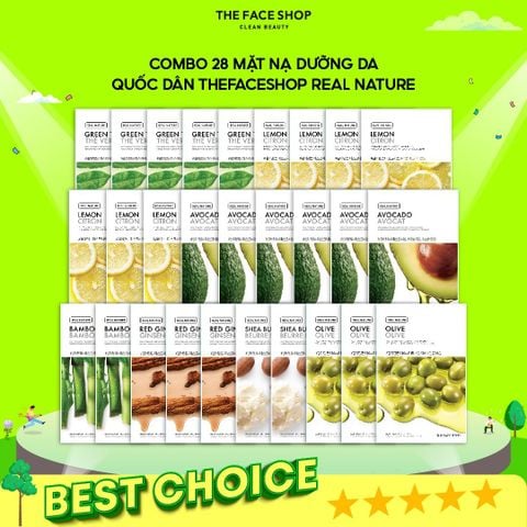 T01_Combo 28 Mặt Nạ Dưỡng Da Quốc Dân Thefaceshop Real Nature 20G (Gồm Nhiều Loại Mặt Nạ Khác Nhau, Có Thể Đắp Mỗi Ngày Dùng Được Cho Mọi Loại Da, Trừ Da Mụn Viêm Hoặc Đang Điều Trị)