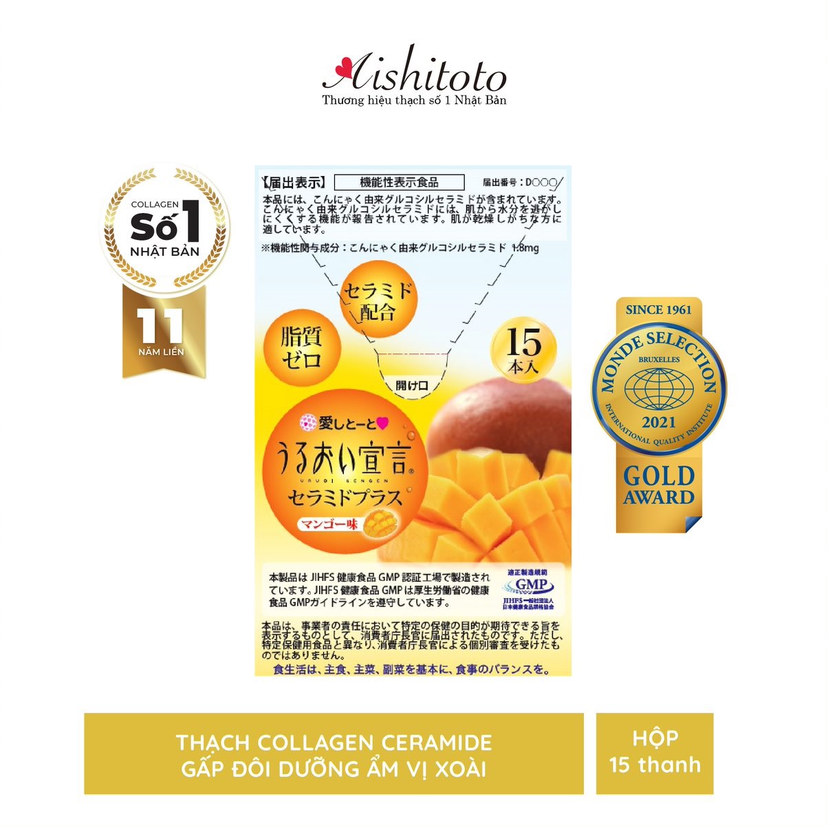 Thạch Bổ Sung Collagen Vị Xoài Aishitoto Collagen Jelly Ceramide Mango 15 Gói
