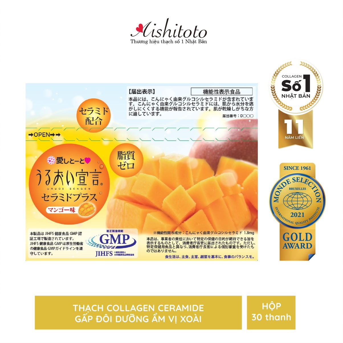 Thạch Bổ Sung Collagen Vị Xoài Aishitoto Collagen Jelly Ceramide Mango 30 Gói