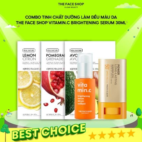 T13_Combo Tinh Chất The Face Shop Dưỡng Sáng Da Vitamin 30Ml + Sáp Chống Nắng Dạng Thỏi Thuần Chay 18G + 3 Mặt Nạ Dưỡng Ẩm Da Hàng Ngày Real Nature