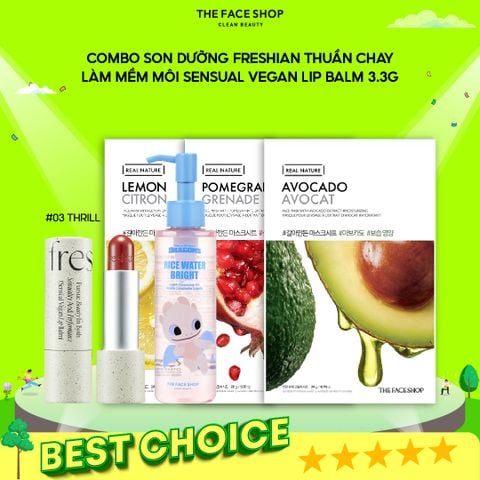 T17_Combo Son Dưỡng Freshian Thuần Chay ( 1 Son Làm Mềm Môi Sensual Vegan Lip Balm 3.3G + 1 Dầu Tẩy Trang Rice Water Bright 150Ml + 3 Mặt Nạ Dưỡng Ẩm Da Real Nature)