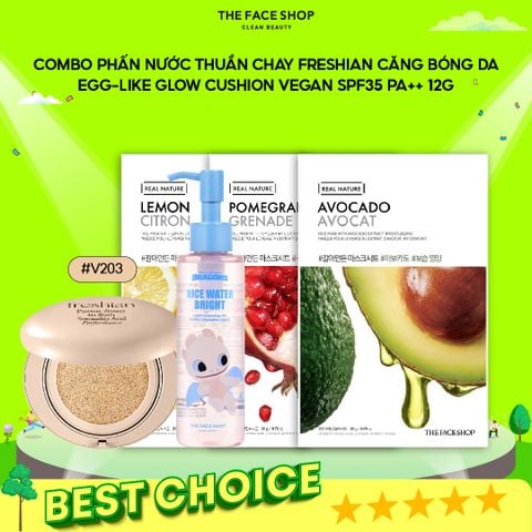 T18_Combo Phấn Nước Freshian Thuần Chay Hiệu Ứng Căng Bóng Da ( 1 Hộp Phấn Nước 12G + 1 Dầu Tẩy Trang Rice Water Bright 150Ml + 5 Mặt Nạ Dưỡng Ẩm Da Real Nature)