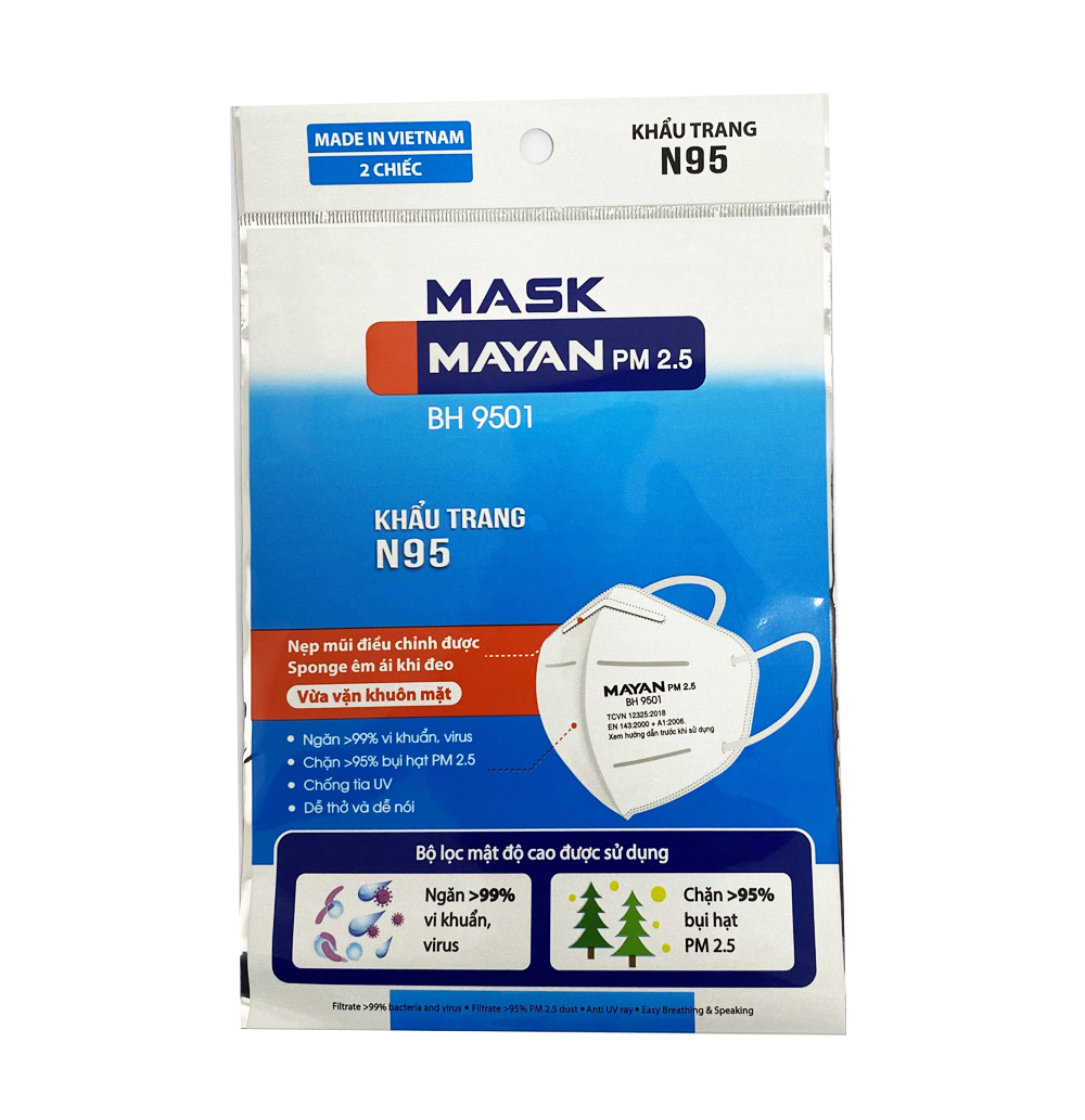 Khẩu Trang Ngăn Vi Khuẩn 99%, Lọc Bụi 95% Mayan N95 Mayan Pm 2.5 Bh9501 (2 Chiếc/Túi)
