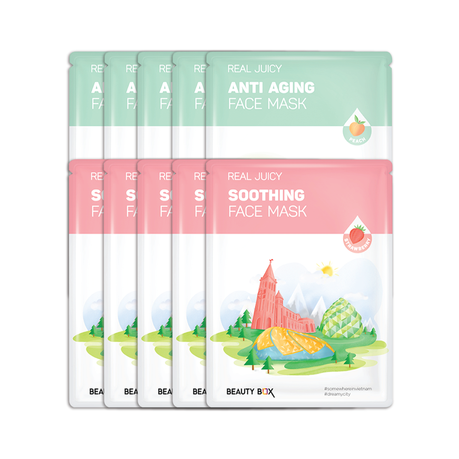 Combo 10 Mặt Nạ Giấy Làm Dịu & Chống Lão Hóa Da Beauty Box Real Juicy Face Mask (5 Soothing & 5 Anti Aging)