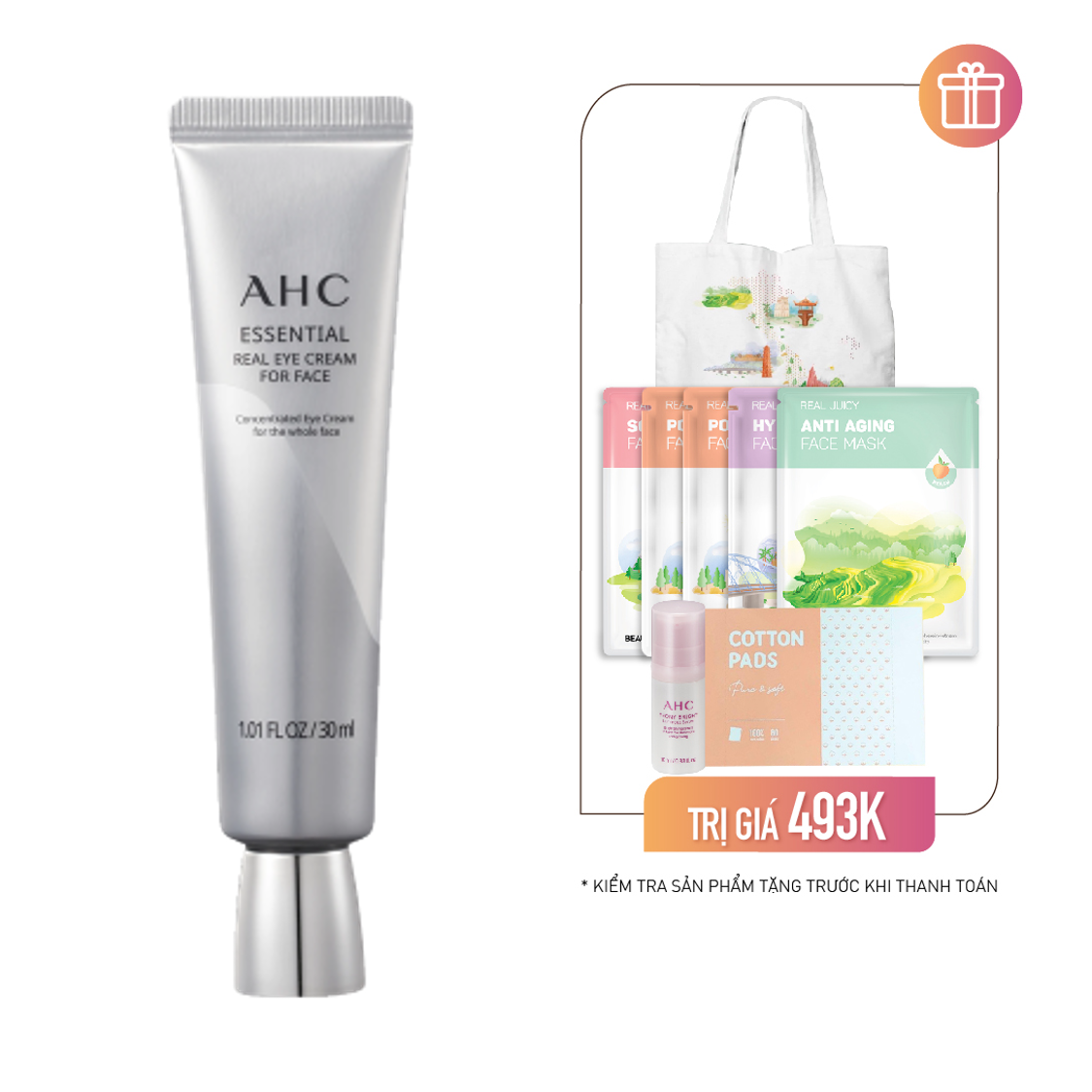 Combo Kem Dưỡng Mắt Trẻ Hóa Da Ahc Essential Real Eye Cream For Face 30Ml (Tặng 5 Mặt Nạ Beauty Box & Bông Cotton 80Pcs + Tinh Chất Dưỡng Sáng Da Ahc Peony 10Ml + Túi Canvas)