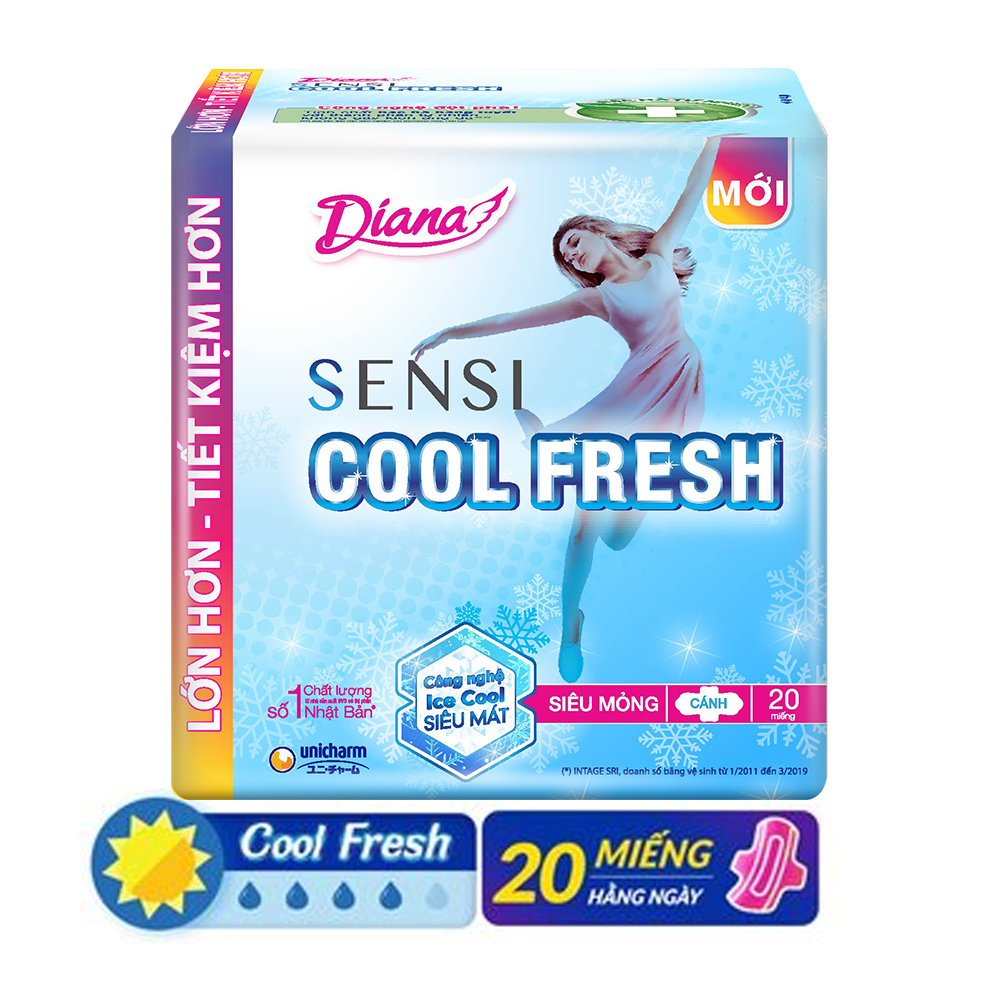 Băng Vệ Sinh Diana Sensi Cool Fresh Mát Sạch Ban Ngày Siêu Mỏng Cánh 23Cm (20 Miếng)