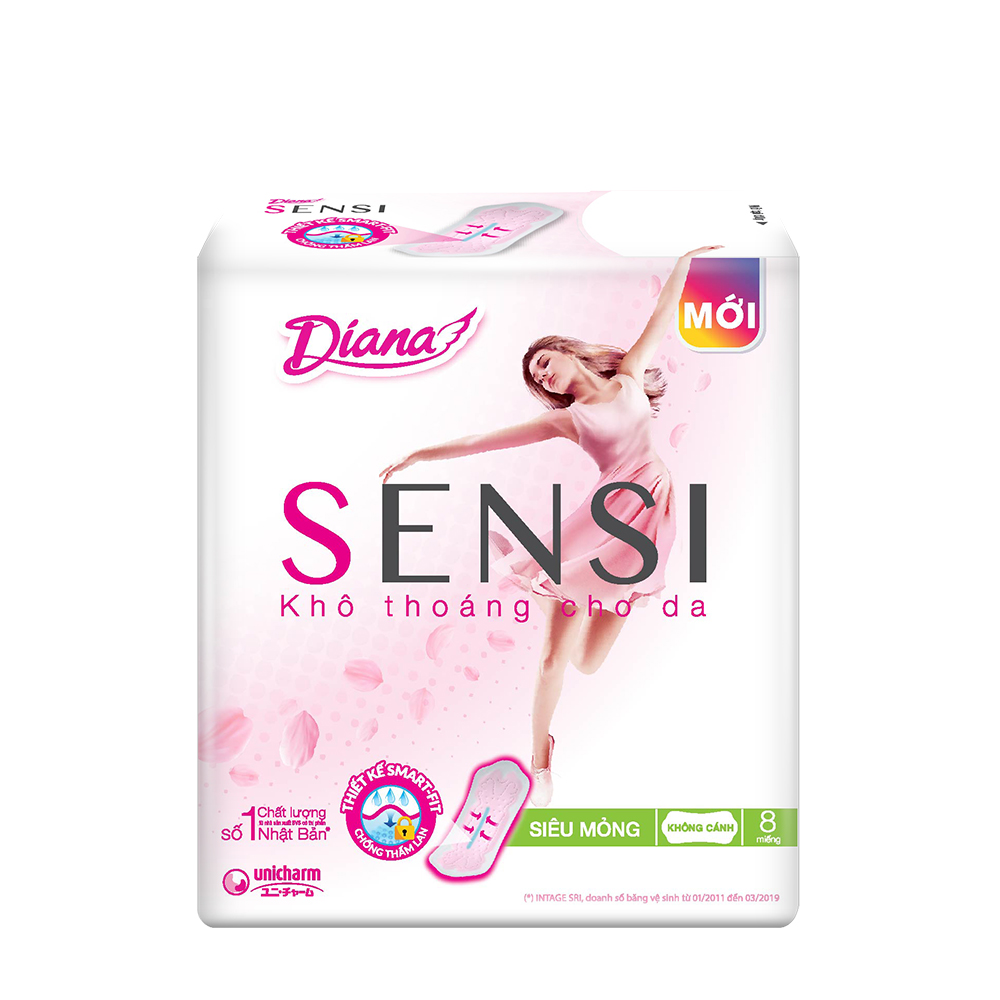 Băng Vệ Sinh Diana Sensi Day Siêu Mỏng Không Cánh Khô Thoáng Ban Ngày 23Cm (8 Miếng)