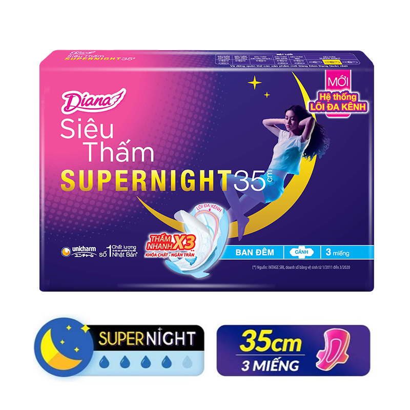 Băng Vệ Sinh Diana Supernight Siêu Thấm Ban Đêm Cánh 35Cm (3 Miếng)