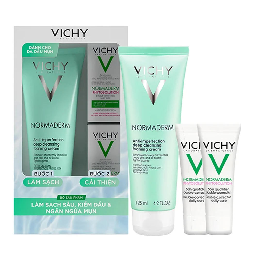 Bộ Làm Sạch Sâu, Ngừa Mụn Vichy Normaderm Deep Cleansing Foaming Cream 125Ml + Kem Dưỡng Vichy Normaderm Phytosolution 3Ml