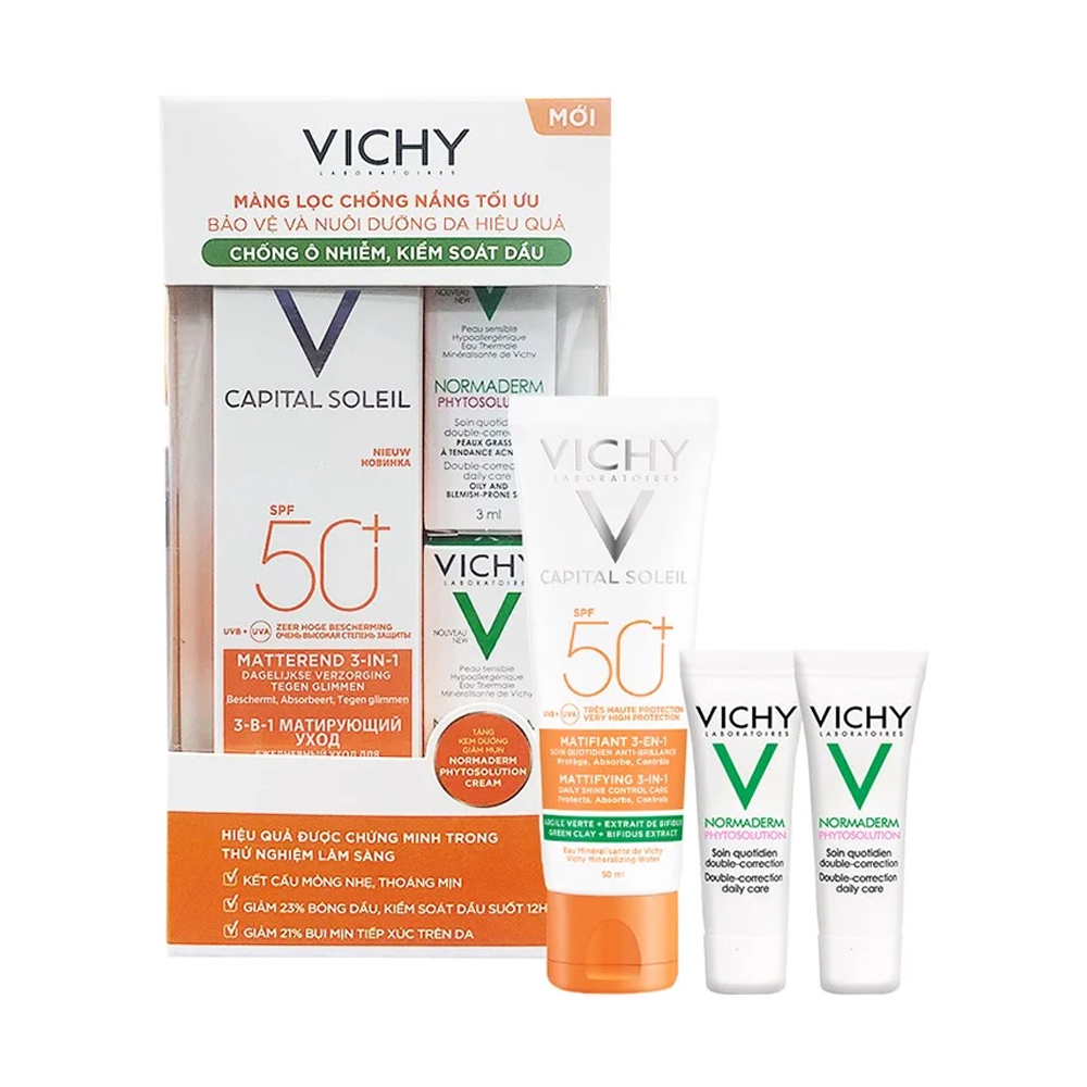 Bộ Kem Chống Nắng, Kiểm Soát Dầu Vichy Capital Soleil Mattifying 3 - In - 1 Spf50+ Và Kem Dưỡng Giảm Mụn Vichy Normaderm Phytosolution Cream