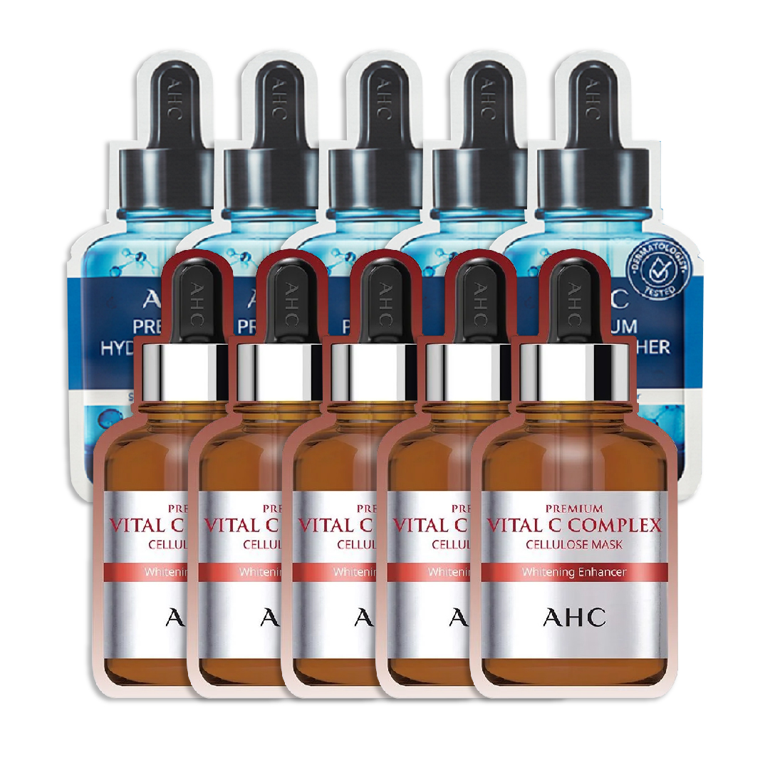 Combo 5 Mặt Nạ Giấy Dưỡng Ẩm Cao Cấp Ahc Premium Hydra Soother Skin Fit (Tặng 5 Mặt Nạ Làm Sáng Trắng Da Ahc Premium Vital C)