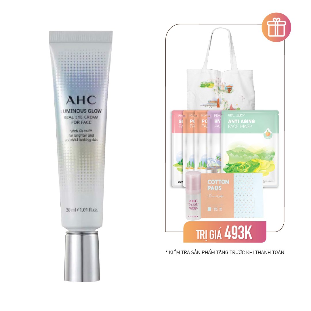 Combo Kem Dưỡng Làm Sáng Vùng Da Mắt Ahc Luminous Glow Real Eye Cream For Face 30Ml (Tặng 5 Mặt Nạ Beauty Box & Bông Cotton 80Pcs + Tinh Chất Dưỡng Sáng Da Ahc Peony 10Ml + Túi Canvas)