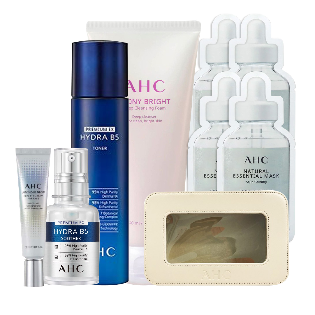 Combo Dưỡng Ẩm Dịu Da Ahc Premium Ex Hydra B5 & Chống Lão Hóa Dưỡng Sáng Da Vùng Mắt Luminous Glow (Kem Mắt + Serum+ Toner+ Sữa Rửa Mặt + Mặt Nạ +Tặng Túi Đựng Mỹ Phẩm)