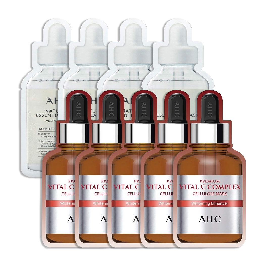Combo 9 Mặt Nạ Giấy Làm Sáng Trắng Da Ahc Premium Vital C Complex & Natural Essential Aqua Nourishing
