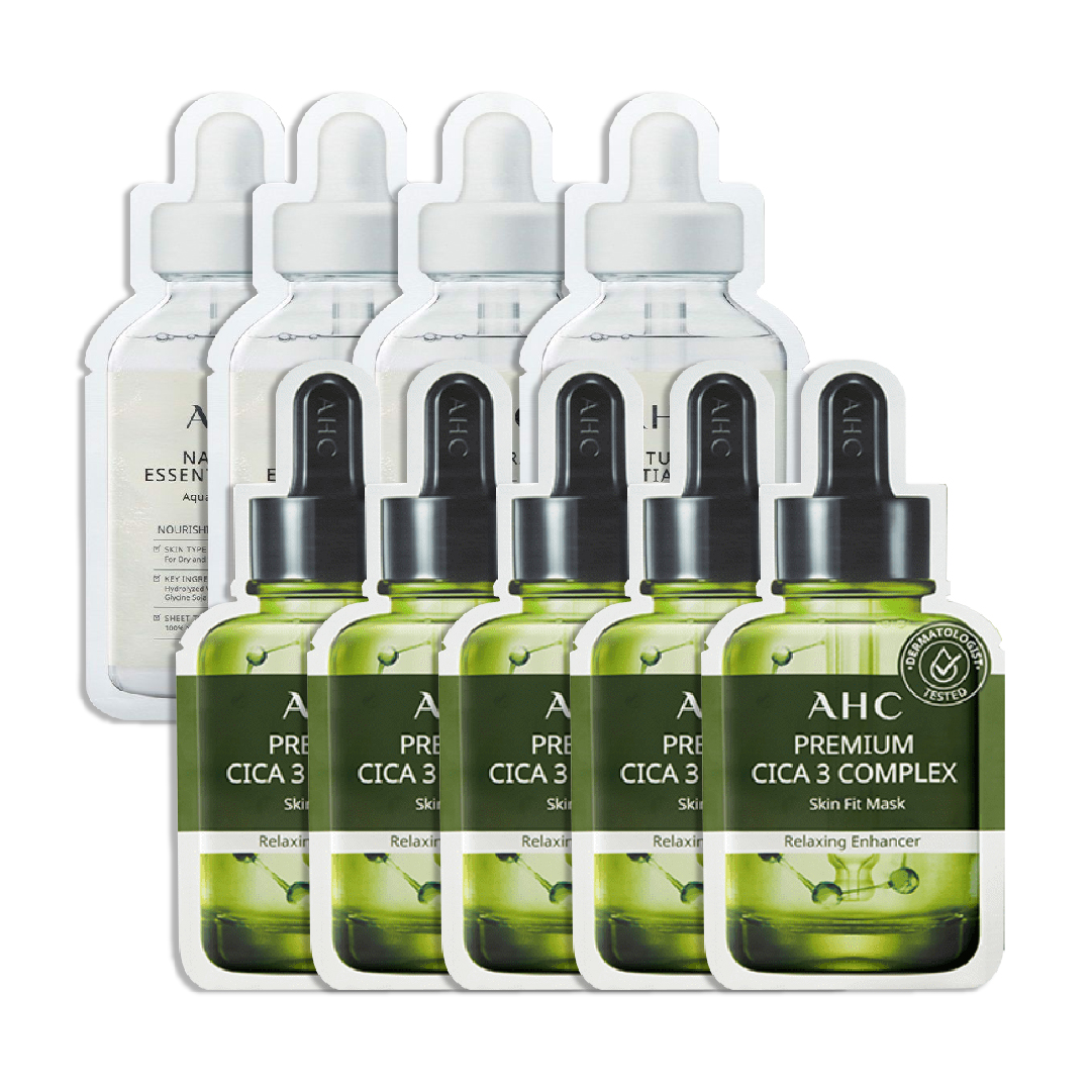 Combo 9 Mặt Nạ Giấy Phục Hồi Da Ahc Premium Cica - 3 Complex Skin Fit & Natural Essential Aqua Nourishing