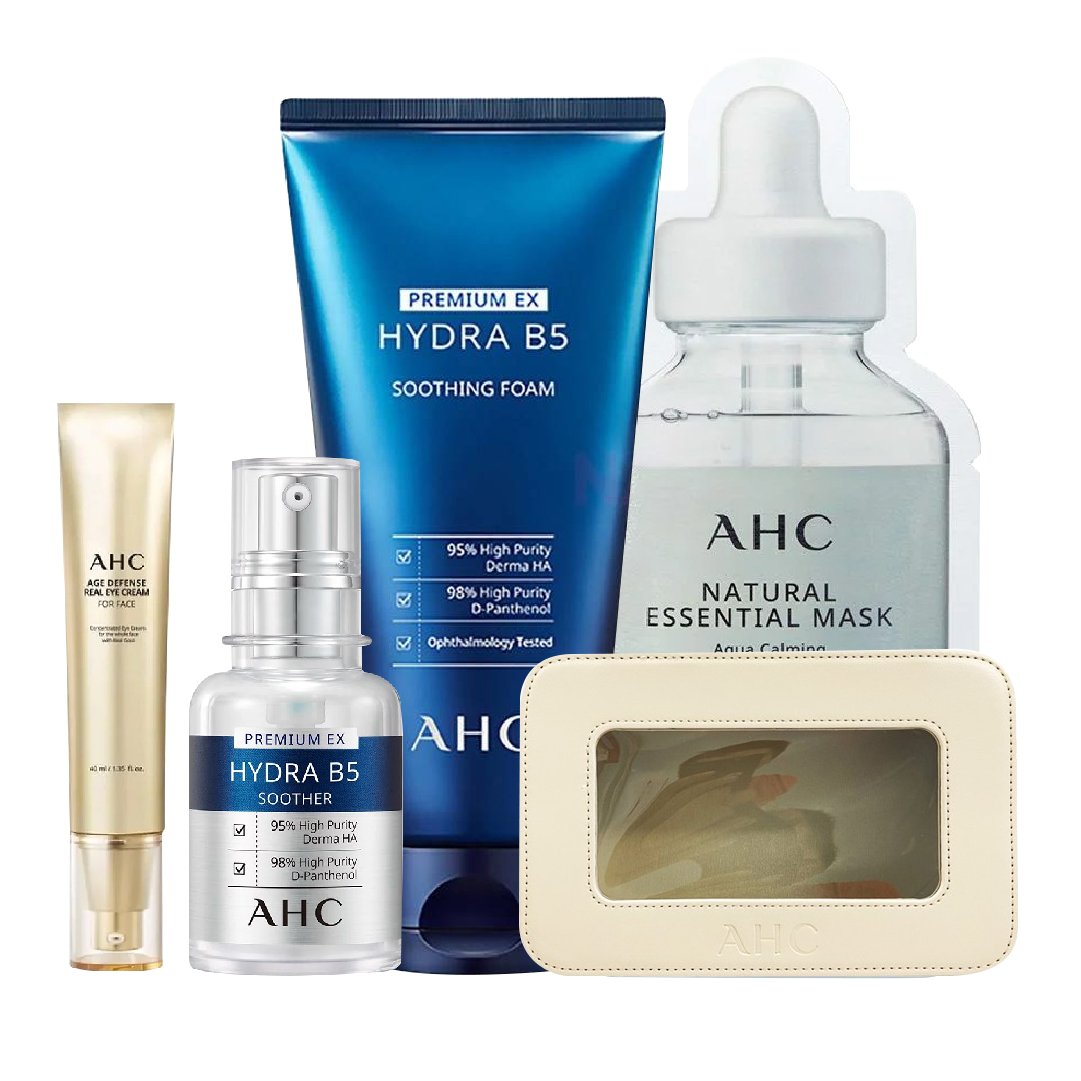 Combo Cấp Ẩm Làm Sáng Da Vùng Mắt - Mặt Ahc Age Defense Và Premium Ex Hydra B5 Serum (Kem Mặt + Tinh Chất + Sữa Rửa Mặt + Mặt Nạ+ Túi Mỹ Phẩm)