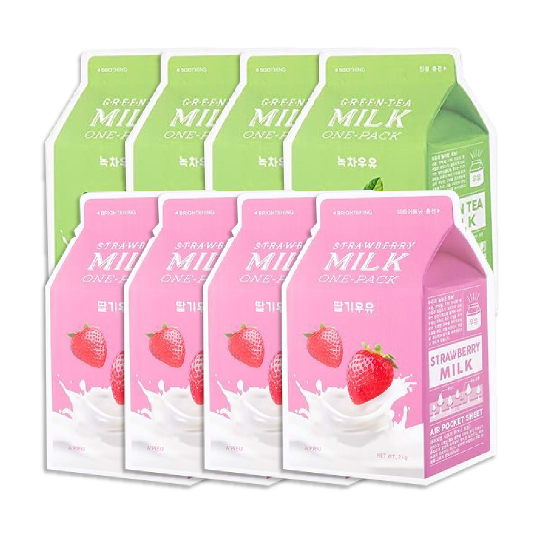 Combo 4 Mặt Nạ Làm Dịu Da A'pieu Green Tea Milk One - Pack (Tặng 4 Mặt Nạ Giấy Làm Sáng Da A'pieu Strawberry Milk One - Pack)