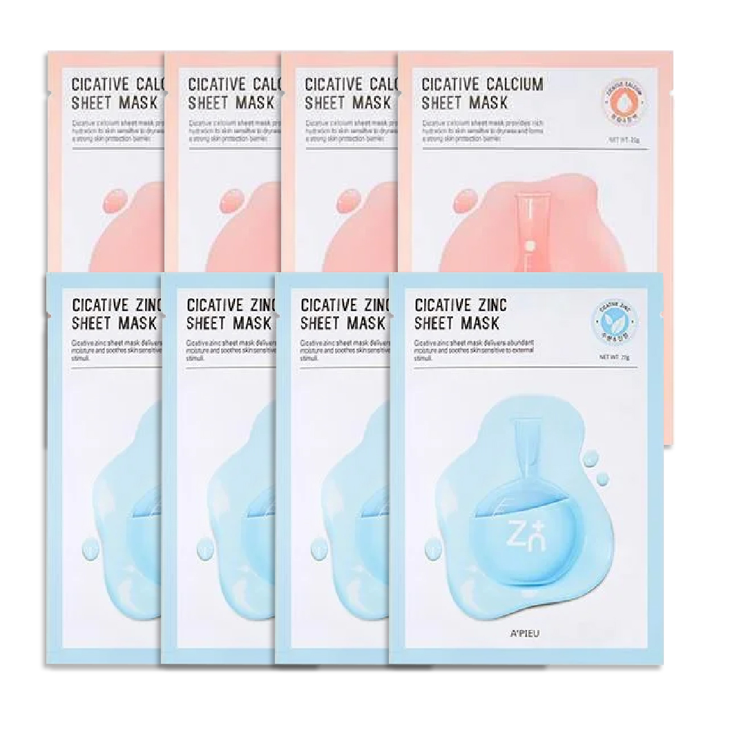 Combo 4 Mặt Nạ Giấy Cấp Nước A'pieu Cicative Calcium Sheet Mask (Tặng 4 Mặt Nạ Giấy Làm Dịu Da A'pieu Cicative Zinc Sheet)