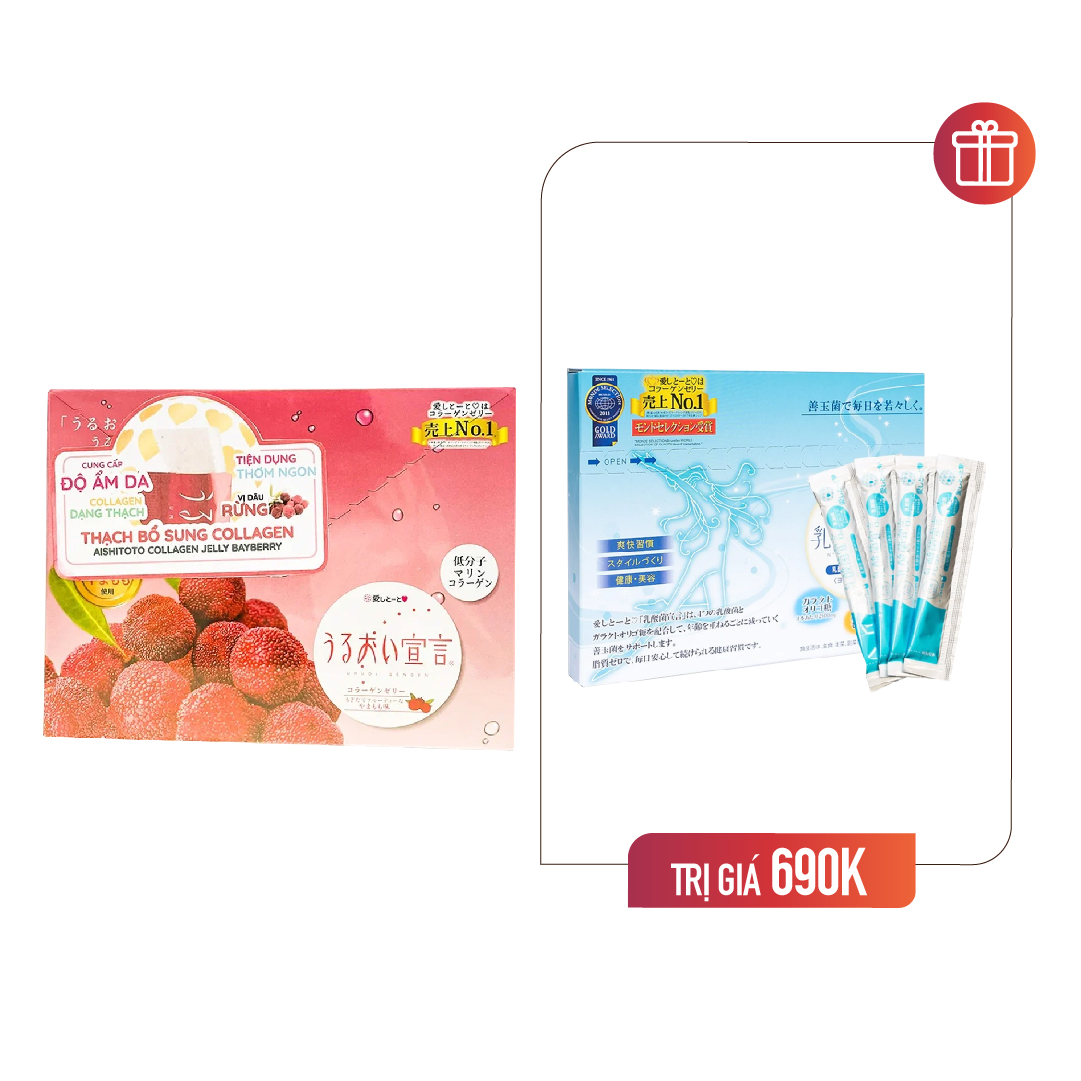 Combo Thạch Bổ Sung Collagen Vị Dâu & Thạch Collagen Hỗ Trợ Tiêu Hóa Aishitoto (2 Hộp X 60 Gói)