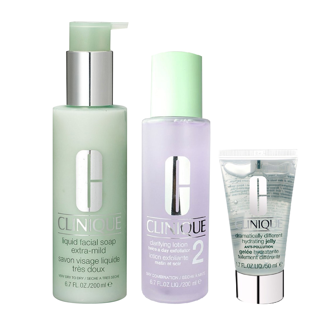 Combo Làm Sạch Và Dưỡng Da Dành Cho Da Khô Clinique (Xà Phòng Rửa Mặt + Nước Thanh Tẩy + Kem Dưỡng Ẩm)