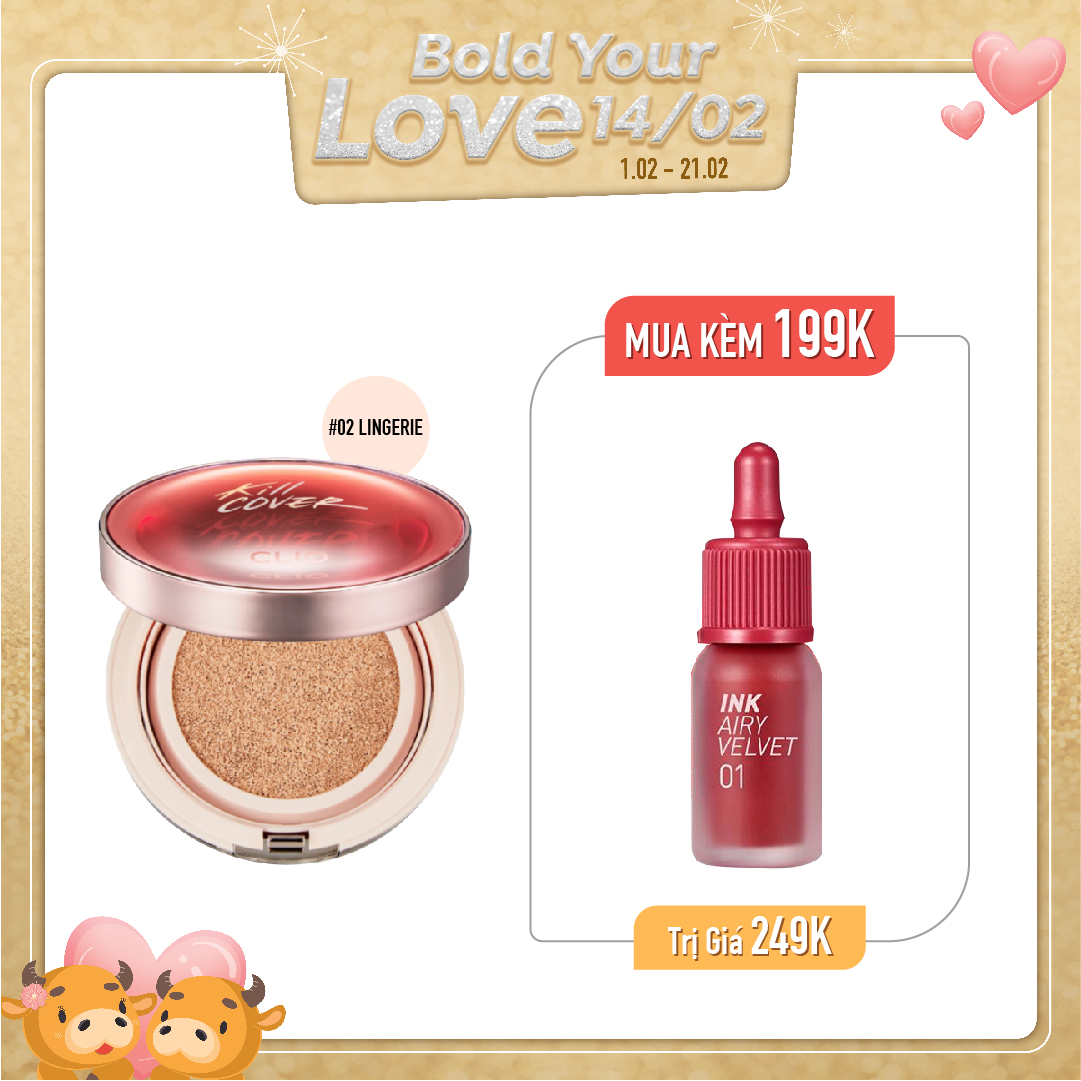 Combo Son Kem Lì & Phấn Nước Hiệu Ứng Căng Mượt Clio Kill Cover Glow Cushion 02 Lingerie