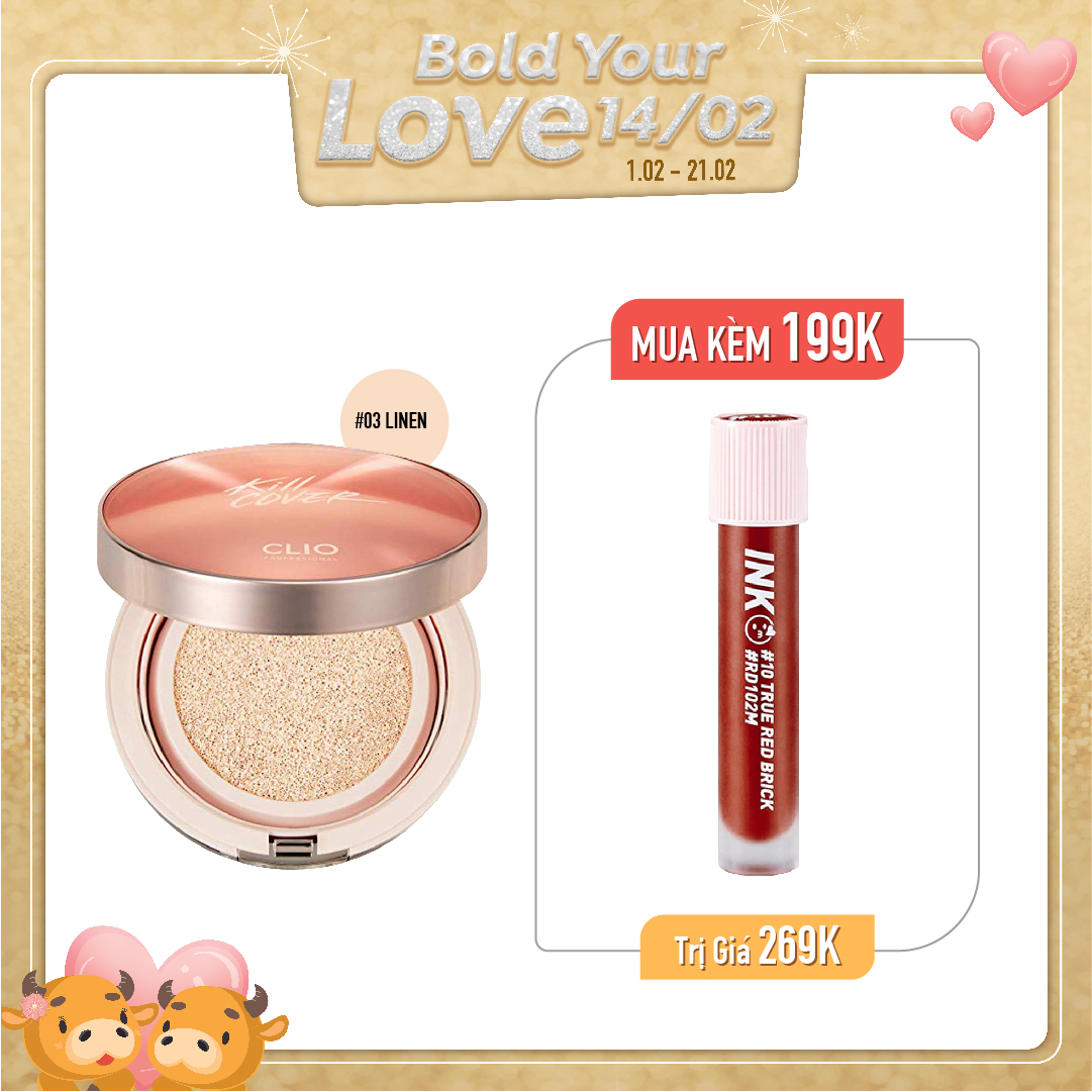 Combo Son Kem &  Phấn Nước Tạo Hiệu Ứng Căng Bóng Clio Kill Cover Glow Cushion 03 Linen