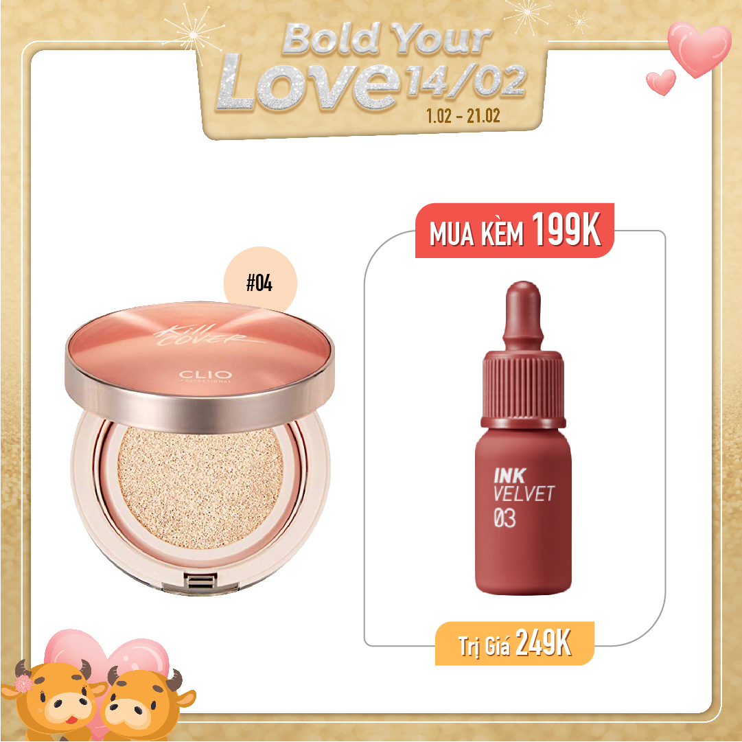 Combo Son Tint & Phấn Nước Tạo Hiệu Ứng Căng Bóng Clio Kill Cover Glow Cushion 04 Ginger