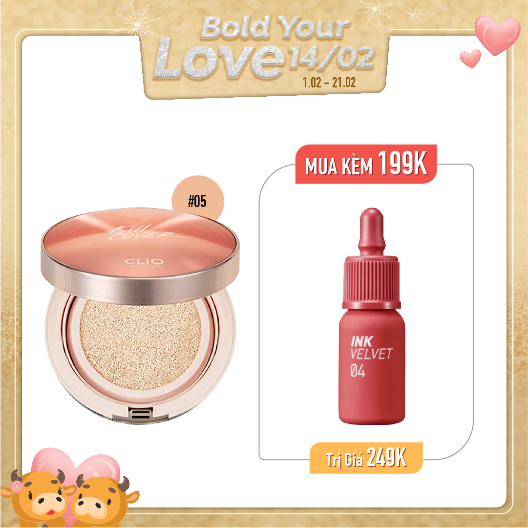 Combo Son Tint & Phấn Nước Tạo Hiệu Ứng Căng Bóng Clio Kill Cover Glow Cushion 05 Sand