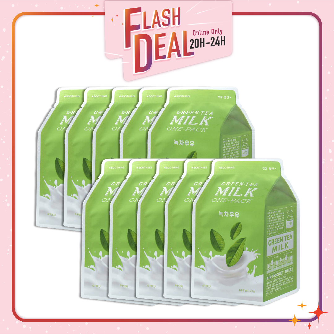 [Fs 8.3] Set 10 Mặt Nạ Làm Dịu Da A'pieu Green Tea Milk One - Pack