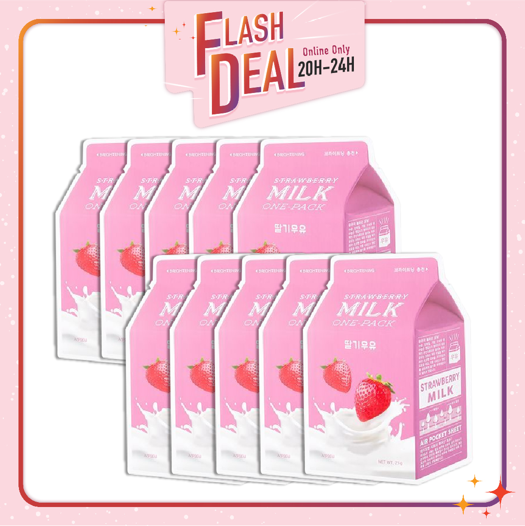 [Fs 8.3] Set 10 Mặt Nạ Giấy Làm Sáng Da A'pieu Strawberry Milk One - Pack