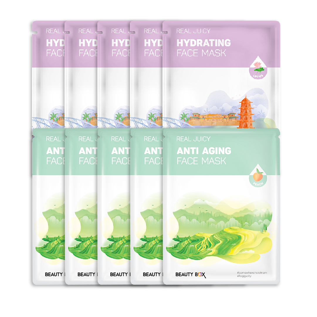 Combo 10 Mặt Nạ Giấy Cấp Nước & Chống Lão Hóa Da Beauty Box Real Juicy Face Mask (5 Hydrating & 5 Anti Aging)