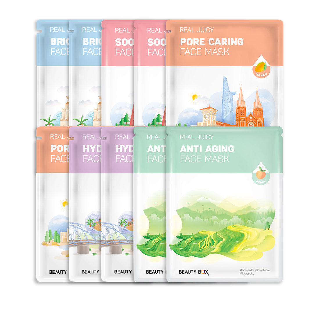 Combo Mix 10 Mặt Nạ Giấy Beauty Box Real Juicy Face Mask (2 Sáng Da, 2 Cấp Nước, 2 Làm Dịu Da, 2 Chống Lão Hóa, 2 Làm Mịn Lỗ Chân Lông)