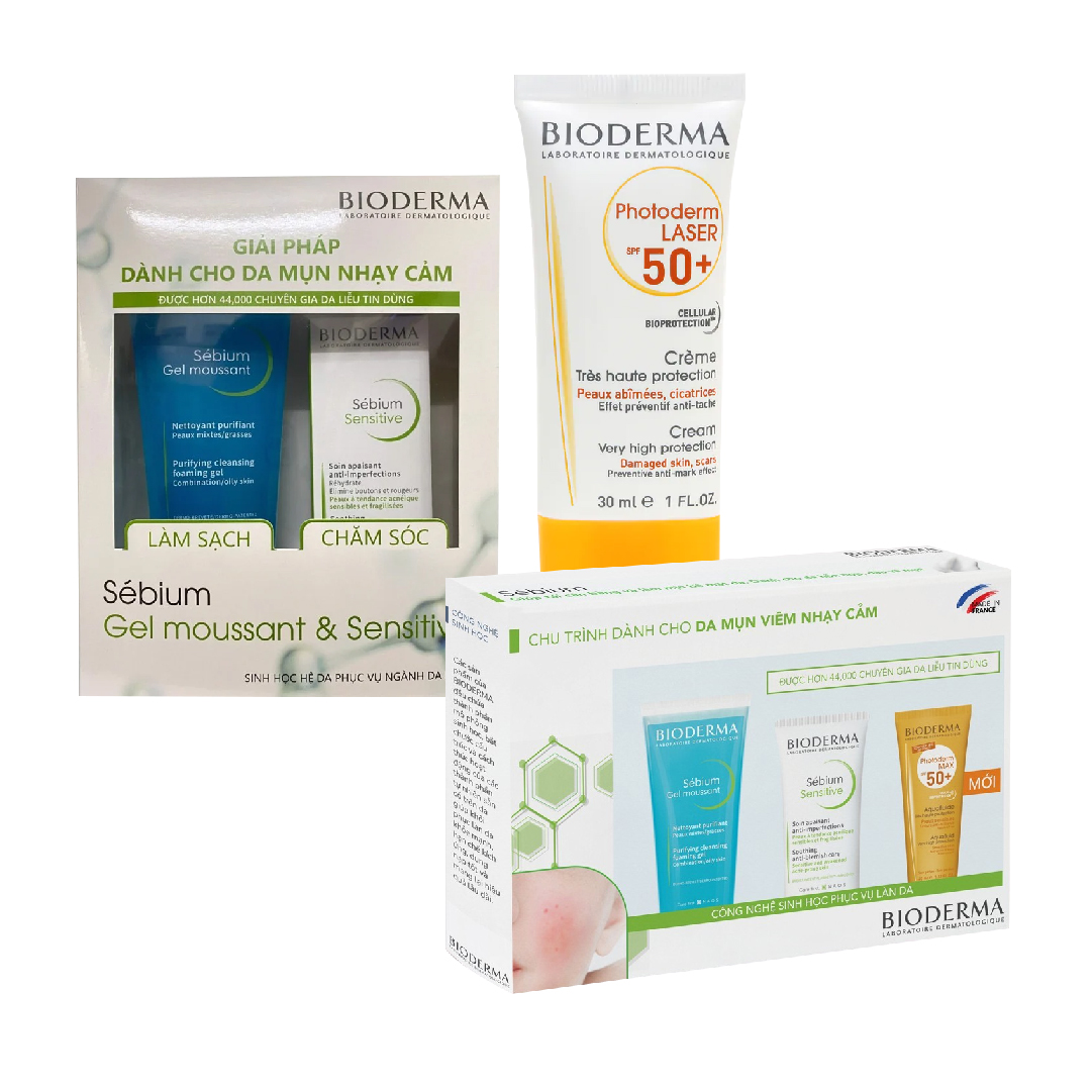 [Mua 2 Tặng 2] Combo Làm Sạch Và Chăm Sóc Da Mụn Nhạy Cảm Bioderma Sebium Gel Moussant & Sensitive (Tặng Kem Chống Nắng + Gift Box)
