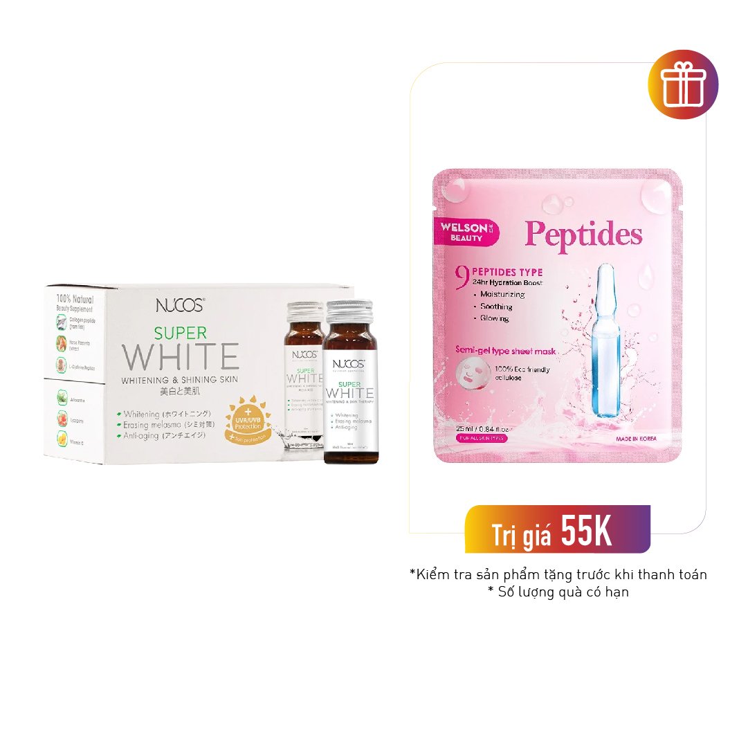 Combo 10 Chai Nước Uống Trắng Da Nucos Super White Shining Skin Drink 50Mlx10 (Tặng 1 Mặt Nạ Cấp Ẩm 24H Trẻ Hóa Da Welson)