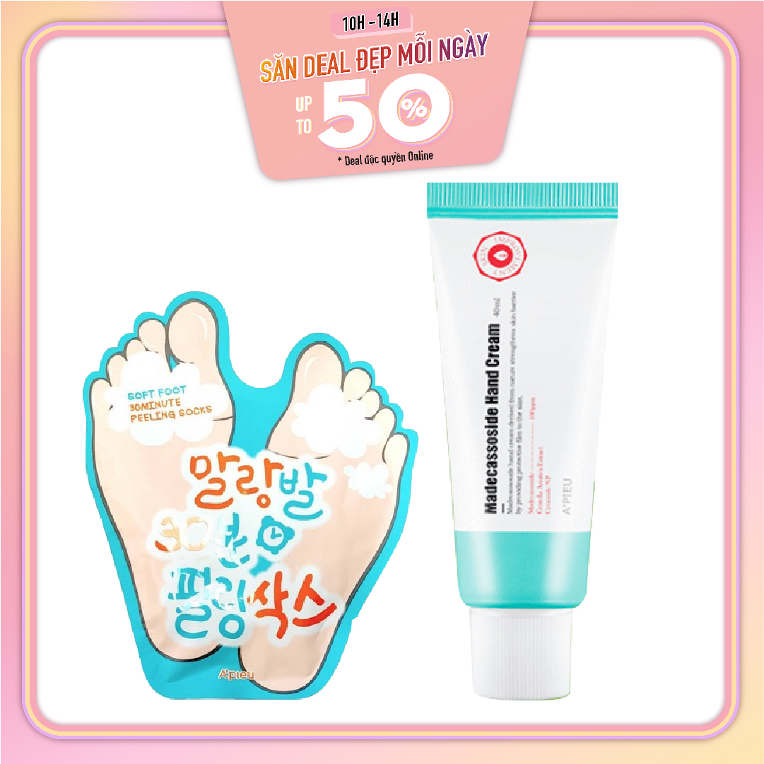 Combo Kem Dưỡng Tay & Mặt Nạ Ủ Da Chân A'pieu Soft Foot Peeling Socks