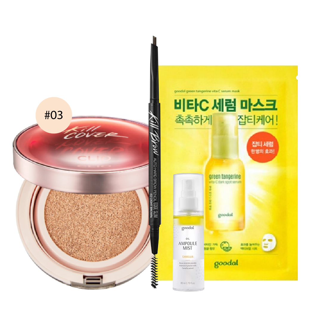 Combo Chì Kẻ Mày & Phấn Nước Căng Mướt Da Clio Kill Cover Glow Cushion Màu 03 Linen