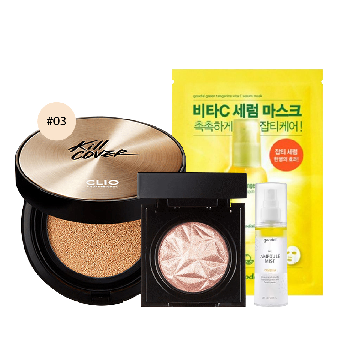 Combo Màu Mắt Ánh Nhũ & Phấn Nước Dưỡng Ẩm Clio Kill Cover Ampoule Cushion Màu 03 Linen